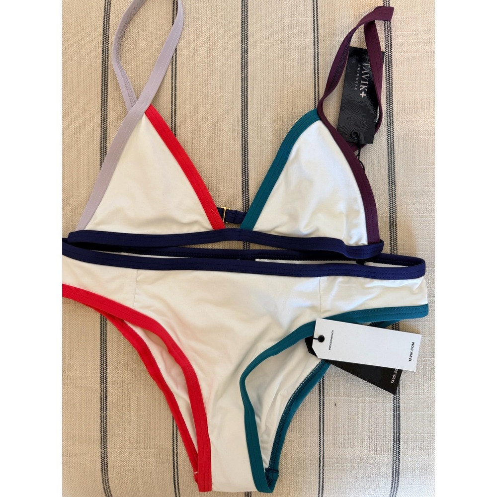 Tavik Swimwear Women Colorblock Triangle Bikini Set White Red Teal Navy XS NWT
